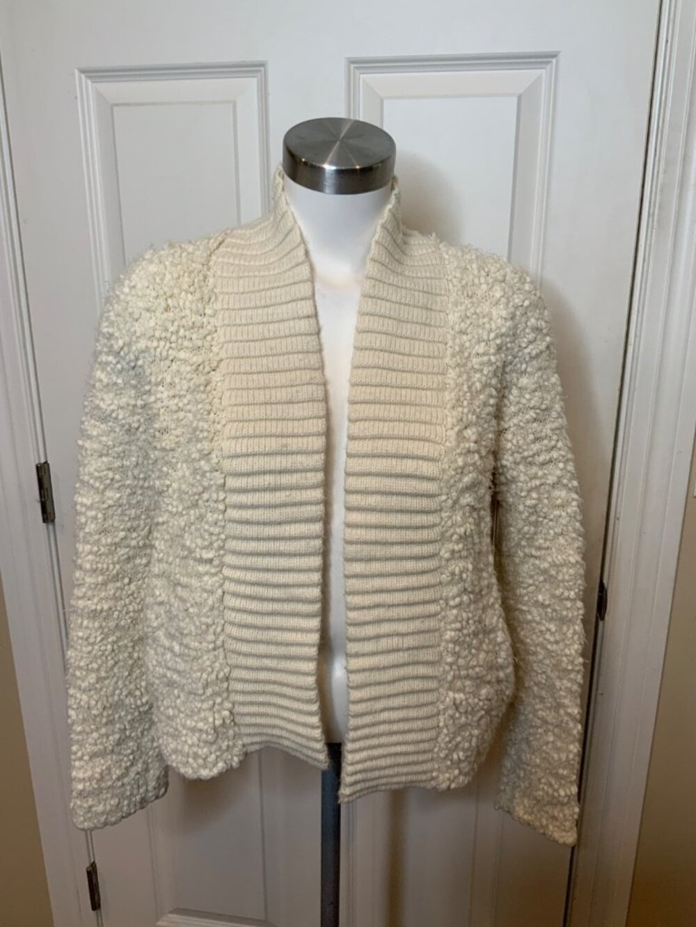 Sleeping On Snow Ivory Wool Blend Textured Open Front Knit Cardigan, Size SX